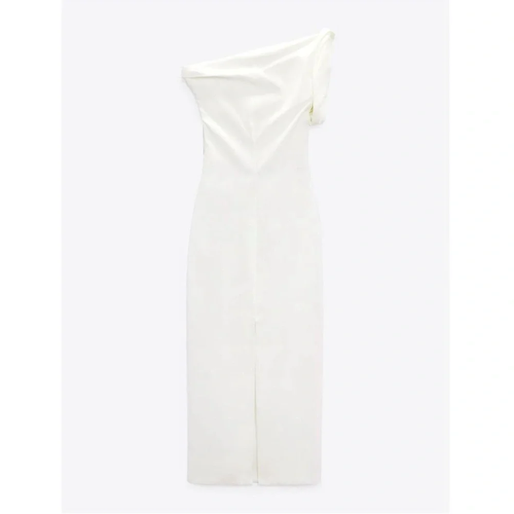 ZARA NEW WOMAN ASYMMETRIC MIDI DRESS ECRU XS med  3067/210 - Picture 5 of 11
